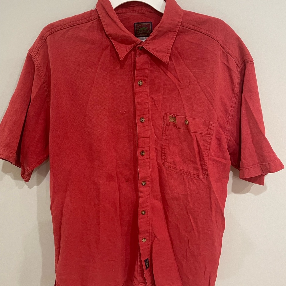 Duxbak Shirt Mens L Red Casual Cotton Collared Button Up Short Sleeve Vintage